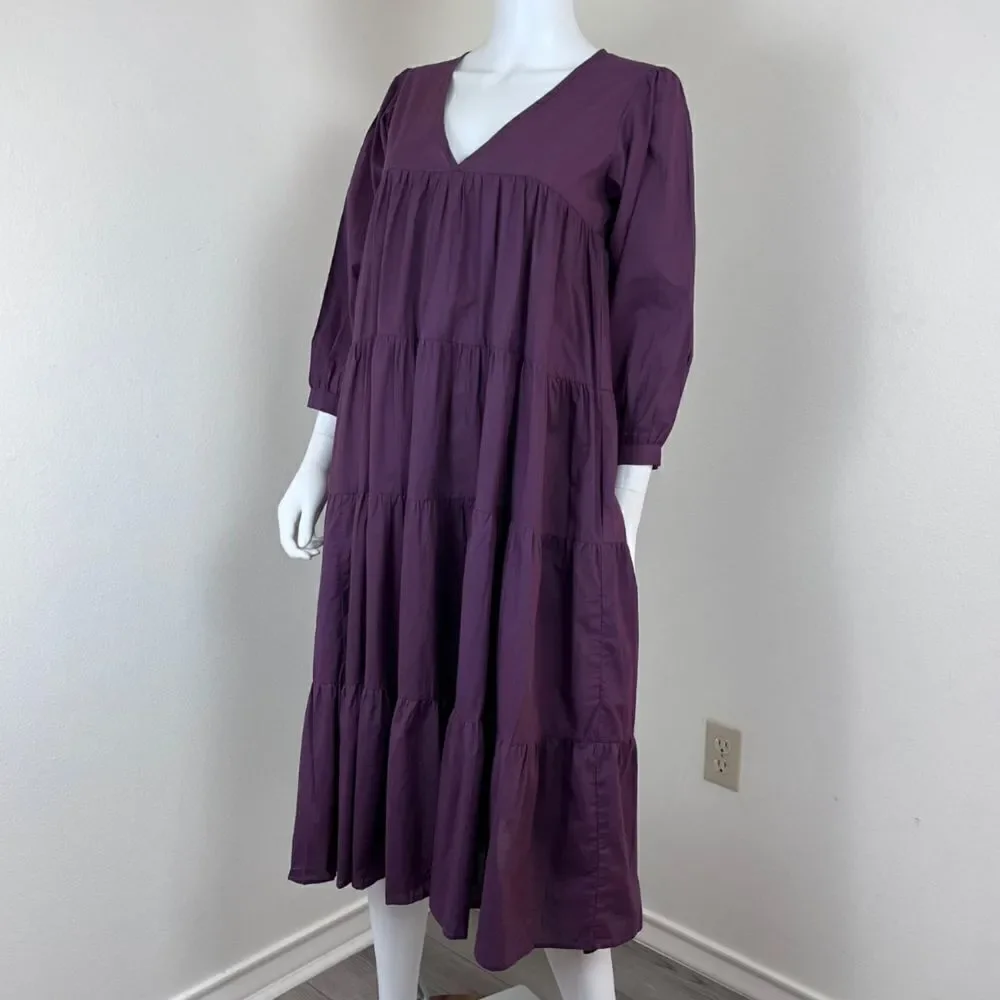 Mille Gemma Women Size XXS Purple Peasant Cotton Pullover Tiered Midi NEW Dress